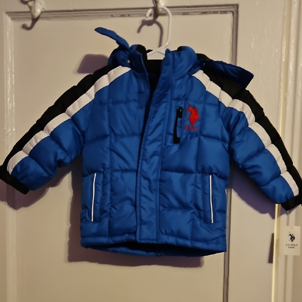 U.S. Polo Assn. boys 2T Blue and Black Puffer Jacket with detachable hood NWT